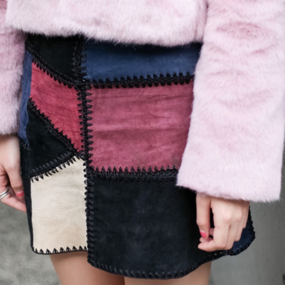 Zara Patchwork Leather Mini Skirt in Black, Burgundy & Navy